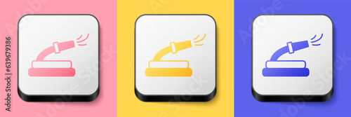Isometric Garden hose icon isolated on pink, yellow and blue background. Spray gun icon. Watering equipment. Square button. Vector