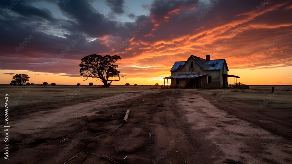 sunset over a farmhouse