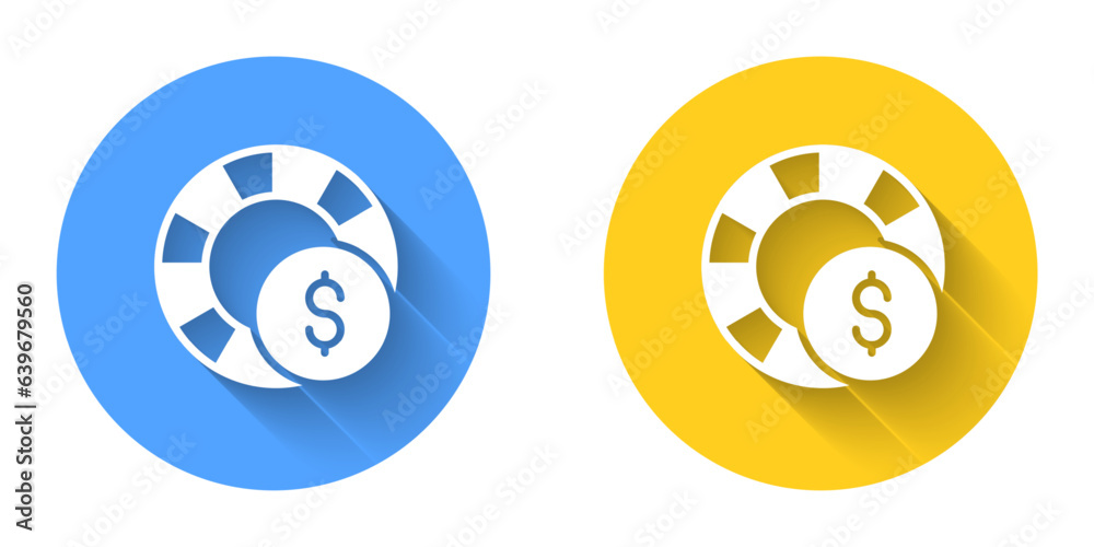 White Casino chips icon isolated with long shadow background. Casino gambling. Circle button. Vector
