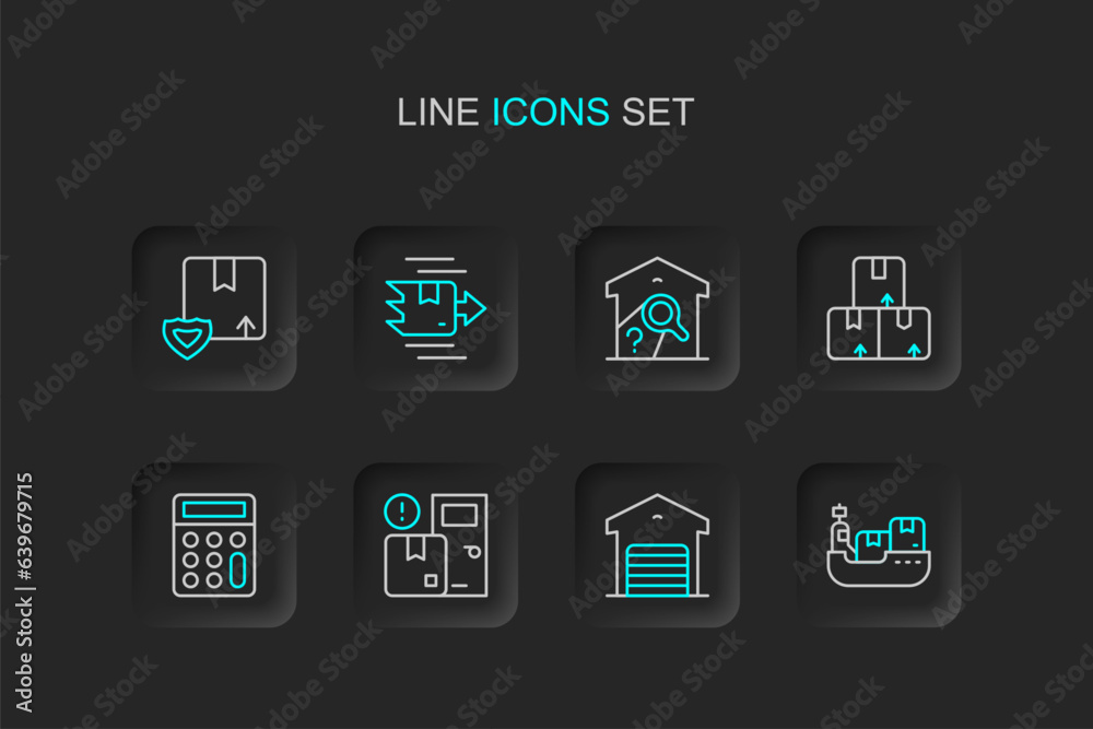 Set line Cargo ship with boxes delivery, Warehouse, Home services, Calculator, Carton cardboard, check, and Delivery security shield icon. Vector Set line Cargo ship with boxes delivery, Warehouse, Home services, Calculator, Carton cardboard, check, and Delivery security shield icon. Vector