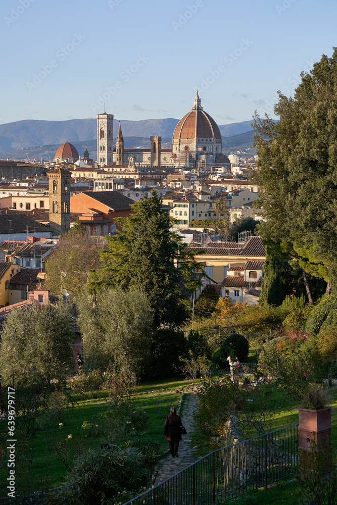 View of the old city of Florence from Giardino delle Rose on a sunny evening