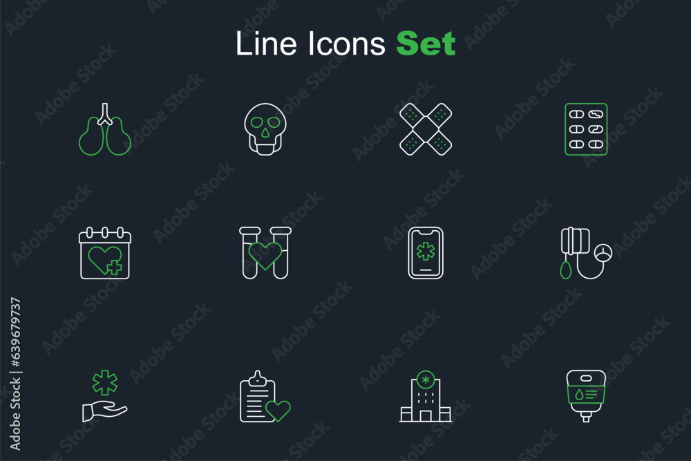 Set line IV bag, Hospital building, Patient record, Cross hospital medical, Blood pressure, Emergency call 911, Test tube with blood and Doctor appointment icon. Vector Set line IV bag, Hospital building, Patient record, Cross hospital medical, Blood pressure, Emergency call 911, Test tube with blood and Doctor appointment icon. Vector