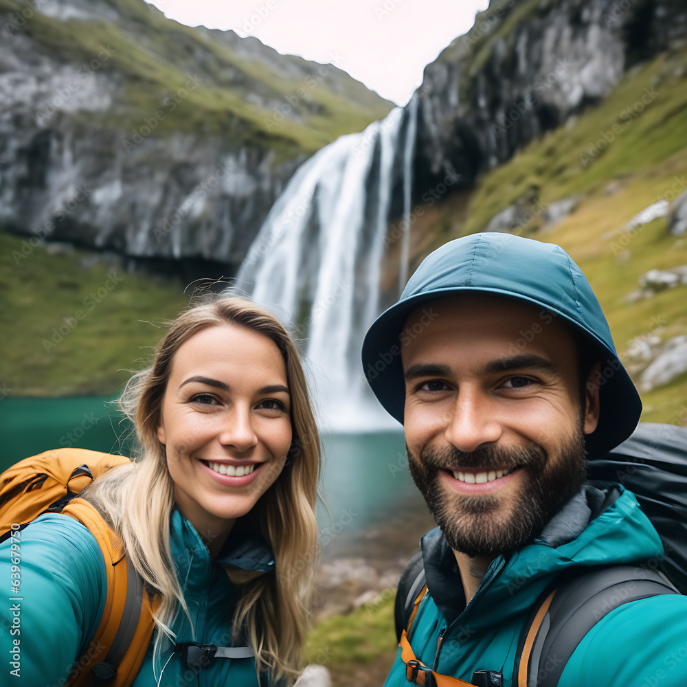 Mujer y hombre excursionistas sonriendo en una montaña junto a una cascada y un lago