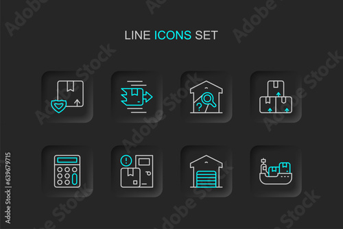 Set line Cargo ship with boxes delivery, Warehouse, Home services, Calculator, Carton cardboard, check, and Delivery security shield icon. Vector