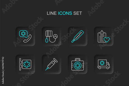 Set line Ambulance car, First aid kit, Syringe, Emergency - Star of Life, Patient record, Medical thermometer, Blood pressure and call 911 icon. Vector