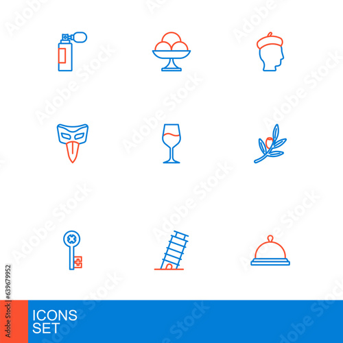 Set line Covered with tray of food, Leaning tower in Pisa, Old key, Olives branch, Carnival mask, Wine glass, French man and Ice cream the bowl icon. Vector