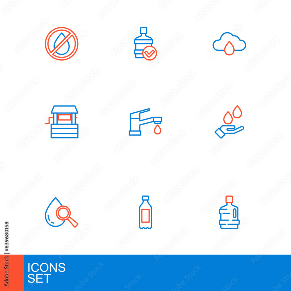 Set line Big bottle with clean water, Bottle of, Drop and magnifying glass, Washing hands soap, Well, Water tap, Cloud rain and icon. Vector Set line Big bottle with clean water, Bottle of, Drop and magnifying glass, Washing hands soap, Well, Water tap, Cloud rain and icon. Vector