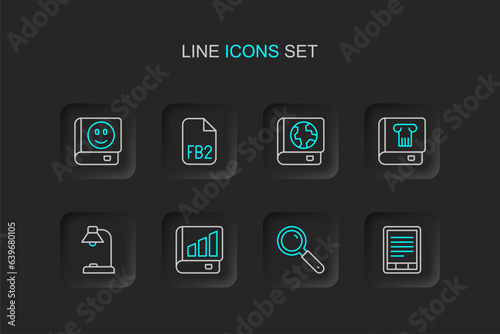 Set line E-Book reader, Magnifying glass, Financial book, Table lamp, History, Earth globe and, FB2 File and icon. Vector
