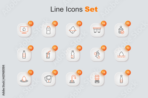 Set line Bottle of water, Water cooler, tap, jug with filter, drop, Test tube and icon. Vector
