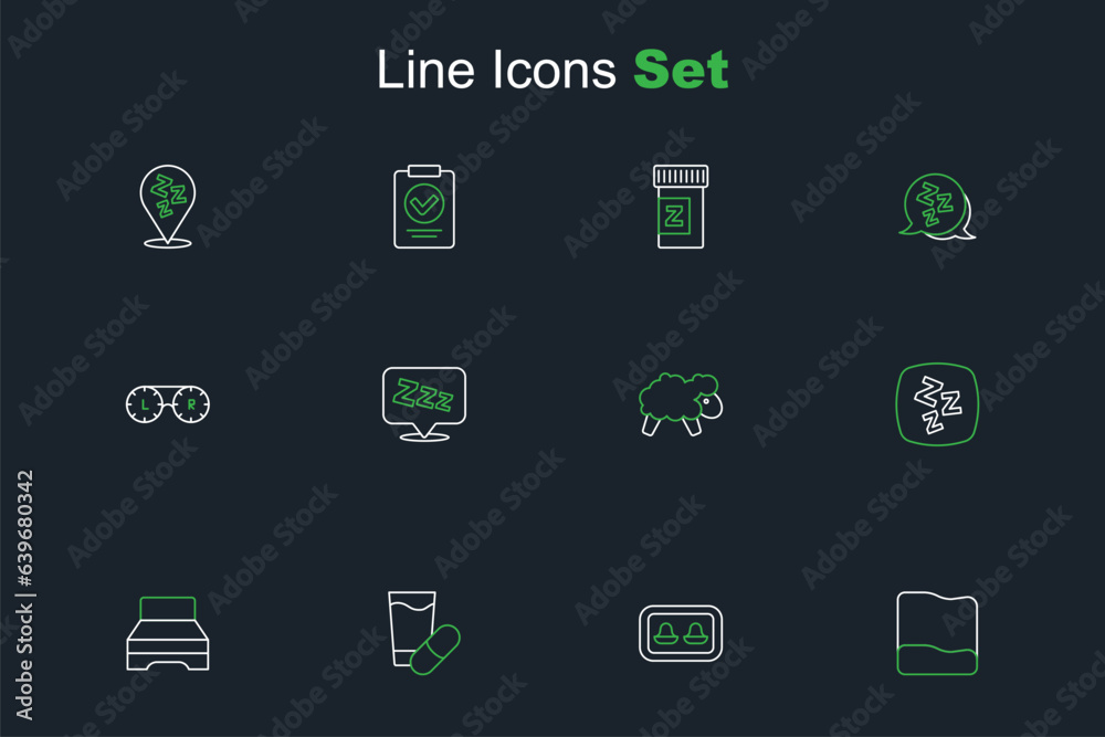 Set line Pillow, Earplugs with storage box, Sleeping pill, Big bed, Sleepy, Sheep, and Contact lens container icon. Vector Set line Pillow, Earplugs with storage box, Sleeping pill, Big bed, Sleepy, Sheep, and Contact lens container icon. Vector