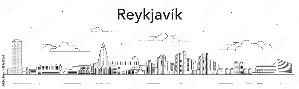 Reykjavik cityscape line art vector illustration - obrazy, fototapety, plakaty 