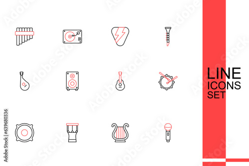 Set line Microphone, Ancient Greek lyre, African percussion drum, Stereo speaker, Drum with sticks, Guitar, and Bandura icon. Vector