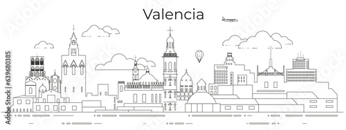 Valencia cityscape line art vector illustration