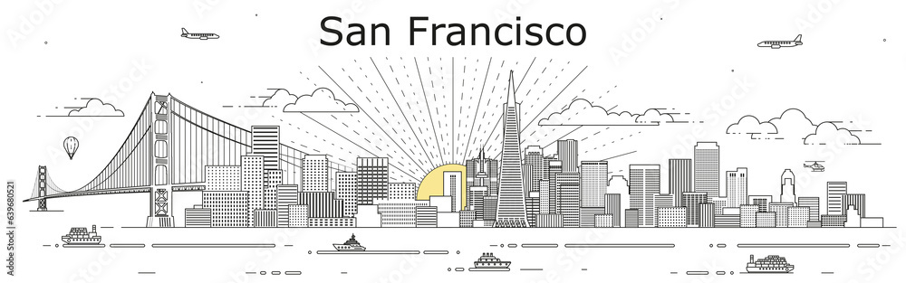 San Francisco cityscape line art vector illustration - obrazy, fototapety, plakaty 