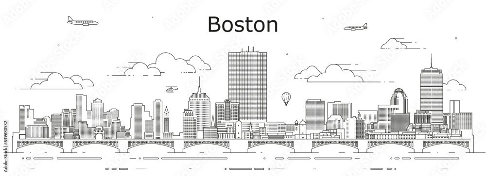 Boston cityscape line art vector illustration