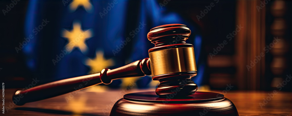 Judges wooden gavel with EU flag in the background. generative ai