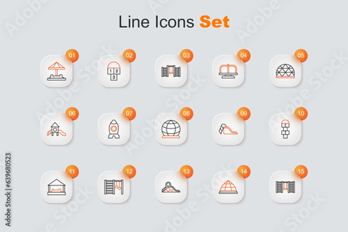 Set line Swedish wall, Playground climbing equipment, Slide playground, Sandbox with sand, Hopscotch, and icon. Vector
