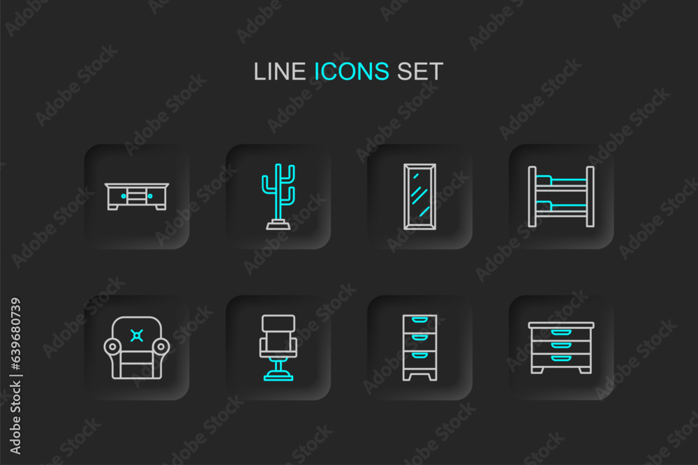 Set line Chest of drawers, Office chair, Armchair, Bunk bed, Big full length mirror, Coat stand and TV table icon. Vector Set line Chest of drawers, Office chair, Armchair, Bunk bed, Big full length mirror, Coat stand and TV table icon. Vector