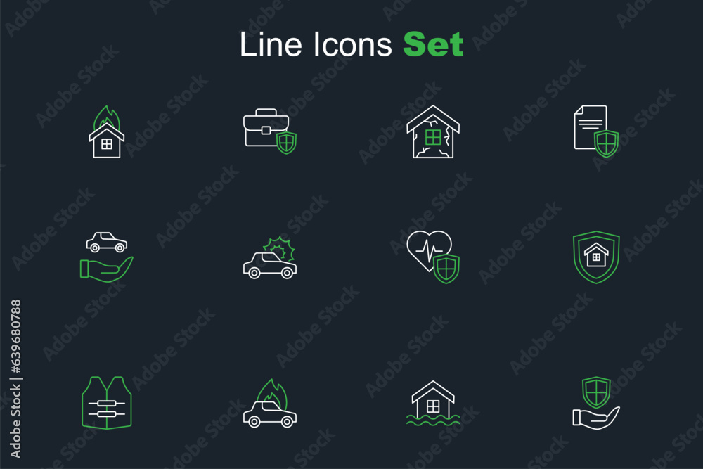 Set line Shield in hand, House flood, Burning car, Life jacket, with shield, insurance, Car and icon. Vector Set line Shield in hand, House flood, Burning car, Life jacket, with shield, insurance, Car and icon. Vector