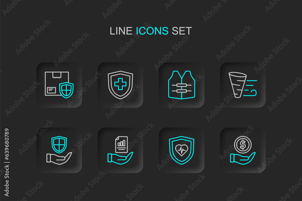 Set line Money with shield, Life insurance, Contract hand, Shield, Tornado, jacket, and Delivery security icon. Vector Set line Money with shield, Life insurance, Contract hand, Shield, Tornado, jacket, and Delivery security icon. Vector