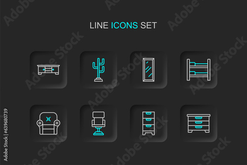 Set line Chest of drawers, Office chair, Armchair, Bunk bed, Big full length mirror, Coat stand and TV table icon. Vector