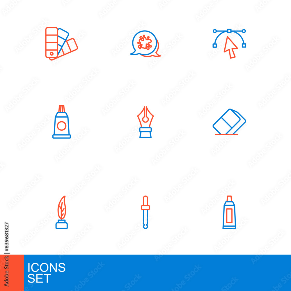 Set line Tube with paint palette, Eyedropper color picker, Feather and inkwell, Eraser rubber, Fountain pen nib, Bezier curve and Paint spray icon. Vector Set line Tube with paint palette, Eyedropper color picker, Feather and inkwell, Eraser rubber, Fountain pen nib, Bezier curve and Paint spray icon. Vector