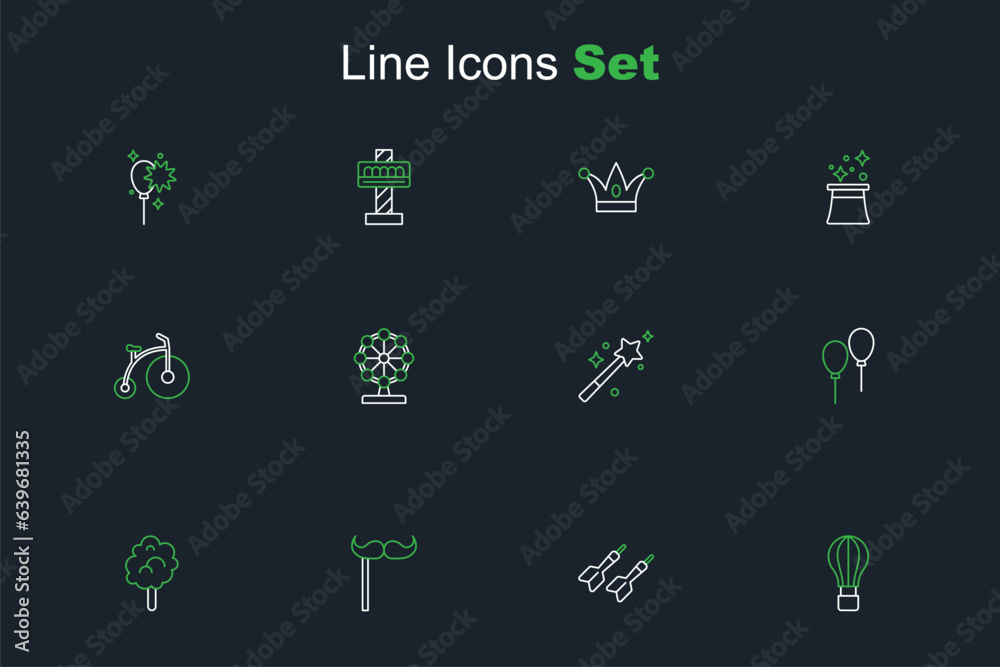 Set line Hot air balloon, Dart arrow, Paper mustache stick, Cotton candy, Balloons with ribbon, Magic wand, Ferris wheel and Vintage bicycle icon. Vector Set line Hot air balloon, Dart arrow, Paper mustache stick, Cotton candy, Balloons with ribbon, Magic wand, Ferris wheel and Vintage bicycle icon. Vector