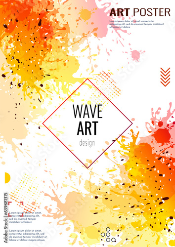 Vector poster template. Abstract background for wallpaper, postcard, brochure, invitation, banner. Hand drawn design elements. Chaotic splashes of paint. Background in yellow and orange shades.