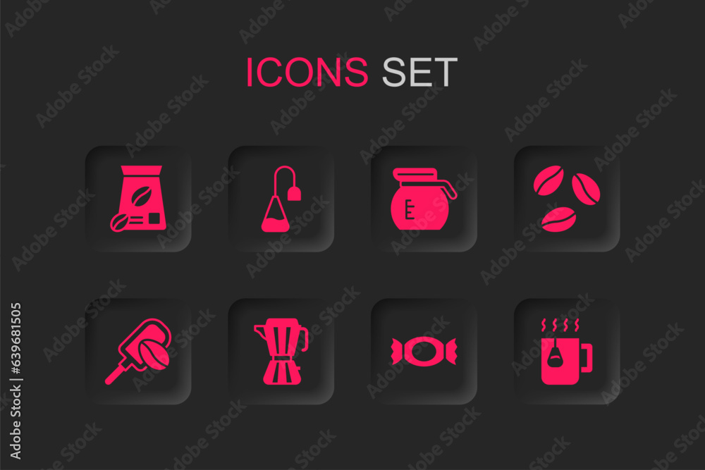 Set Coffee maker moca pot, Tea bag, Bag coffee beans, Candy, Cup tea with, and Spatula grain icon. Vector Set Coffee maker moca pot, Tea bag, Bag coffee beans, Candy, Cup tea with, and Spatula grain icon. Vector