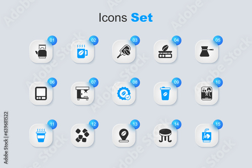 Set Coffee table, machine, cup, to go, Espresso tonic coffee, Kettle with handle and Medal for icon. Vector