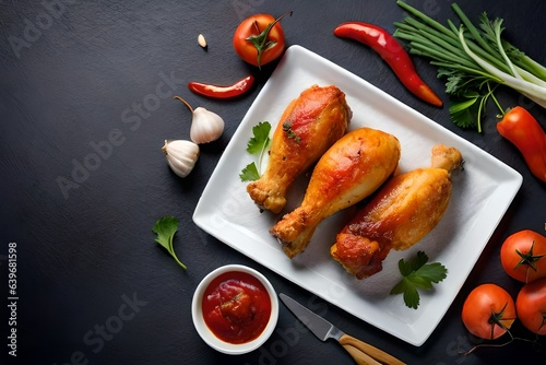 Roasted chicken drumsticks on paper, ketchup and mayonnaise