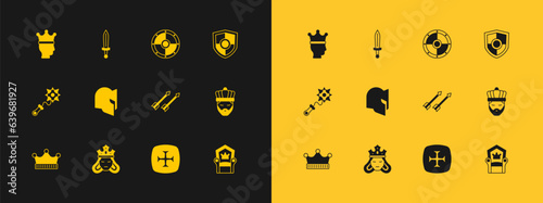 Set Shield, Princess or queen, Medieval arrows, Crusade, helmet, Round shield, King crown and sword icon. Vector