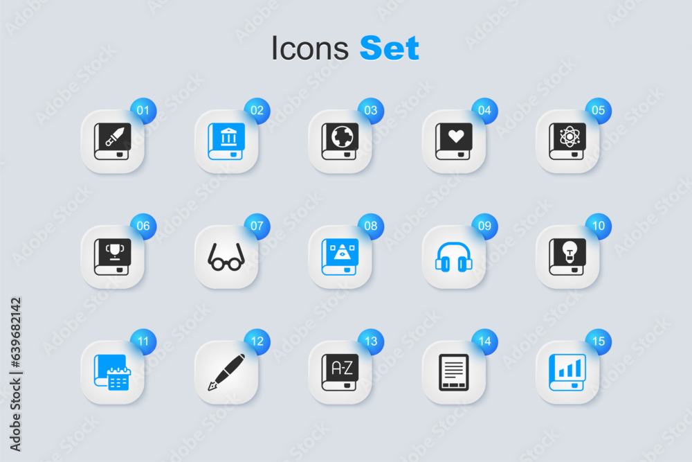 Set E-Book reader, Glasses, Law book, Daily paper notepad, Financial, User manual, about weapon and Ancient magic icon. Vector