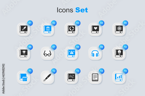 Set E-Book reader, Glasses, Law book, Daily paper notepad, Financial, User manual, about weapon and Ancient magic icon. Vector