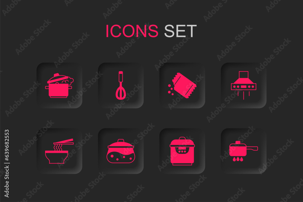 Set Cooking pot, Kitchen whisk, Slow cooker, extractor fan, on fire, Packet of pepper and Asian noodles bowl icon. Vector Set Cooking pot, Kitchen whisk, Slow cooker, extractor fan, on fire, Packet of pepper and Asian noodles bowl icon. Vector