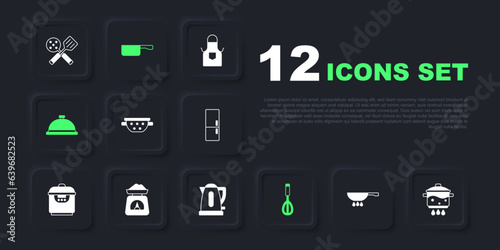 Set Frying pan on fire, Cooking pot, Kitchen colander, whisk, Covered with tray of food, Scales, and Electric kettle icon. Vector
