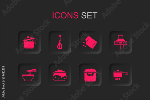 Set Cooking pot, Kitchen whisk, Slow cooker, extractor fan, on fire, Packet of pepper and Asian noodles bowl icon. Vector
