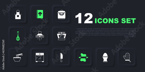 Set Chicken egg on a stand, Oven glove, Kitchen extractor fan, Rolling pin dough, whisk, Cookbook and Knife icon. Vector