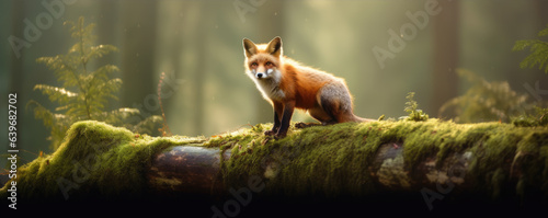 An adult fox on an old tree in a dense forest.generative ai