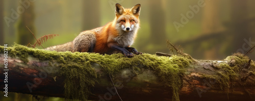 An adult fox on an old tree in a dense forest.generative ai