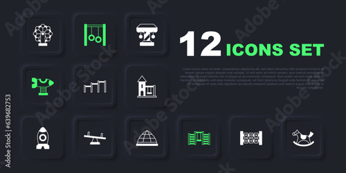 Set Education logic game, Horse in saddle swing, Sport horizontal bar, Swedish wall, Swing plane, Seesaw, Gymnastic rings and Playground climbing equipment icon. Vector