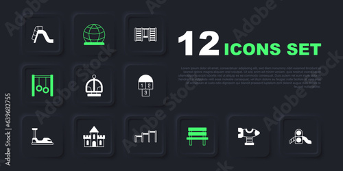 Set Swing plane, Slide playground, Attraction carousel, Bench, Gymnastic rings, Sand castle, Playground climbing equipment and Sport horizontal bar icon. Vector
