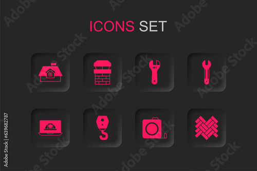 Set Crane hook, Chimney, House, Roulette construction, Wrench spanner, Parquet, Adjustable wrench and Worker safety helmet icon. Vector