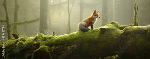 An adult fox on an old tree in a dense forest.generative ai © Michal