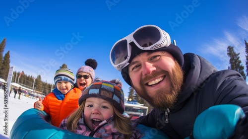 A family takes a selfie as they snow tube in stateline, nevada
