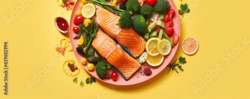 Top view of delicious salmon with sliced cucumber, vegetables and friuts. generative ai