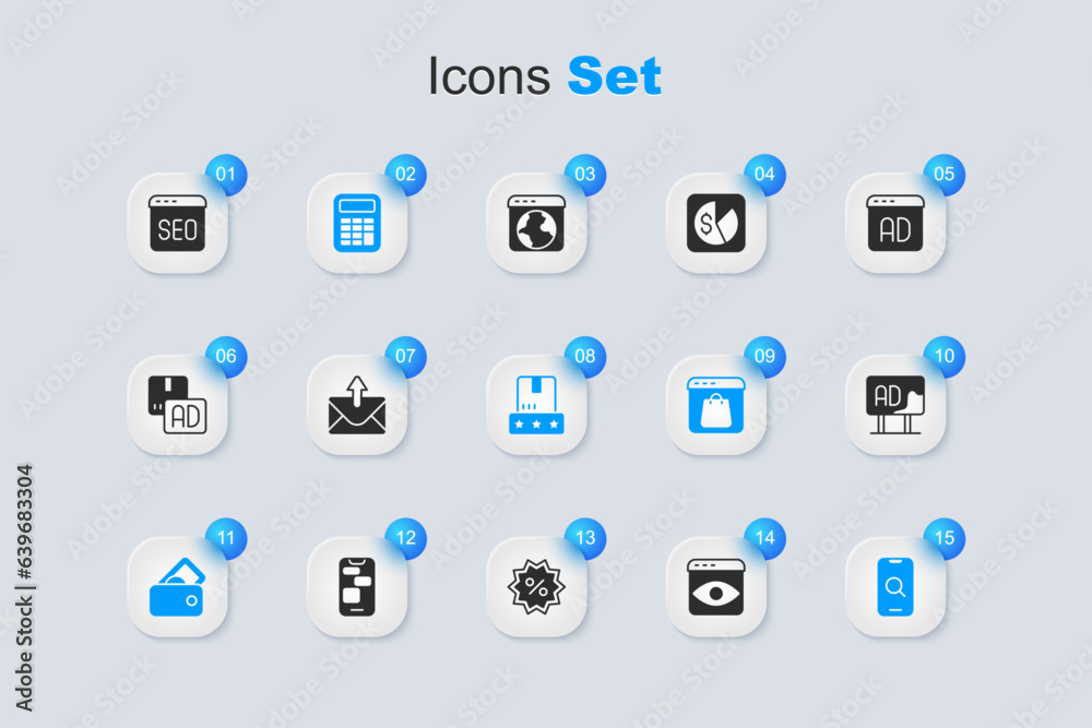 Set Personal information collection, Mail and e-mail, Calculator, Wallet with money, Magnifying glass mobile, Advertising, SEO optimization and Consumer product rating icon. Vector Set Personal information collection, Mail and e-mail, Calculator, Wallet with money, Magnifying glass mobile, Advertising, SEO optimization and Consumer product rating icon. Vector
