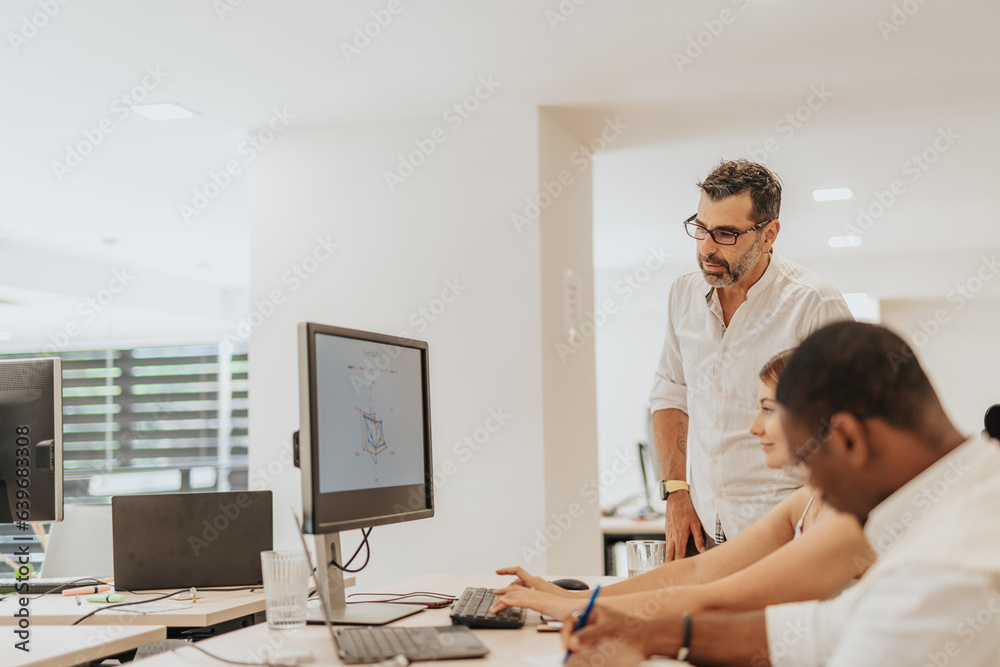 Senior business person mentoring his multiracial coworkers. They are working on graph charts, financial and profit statistics.