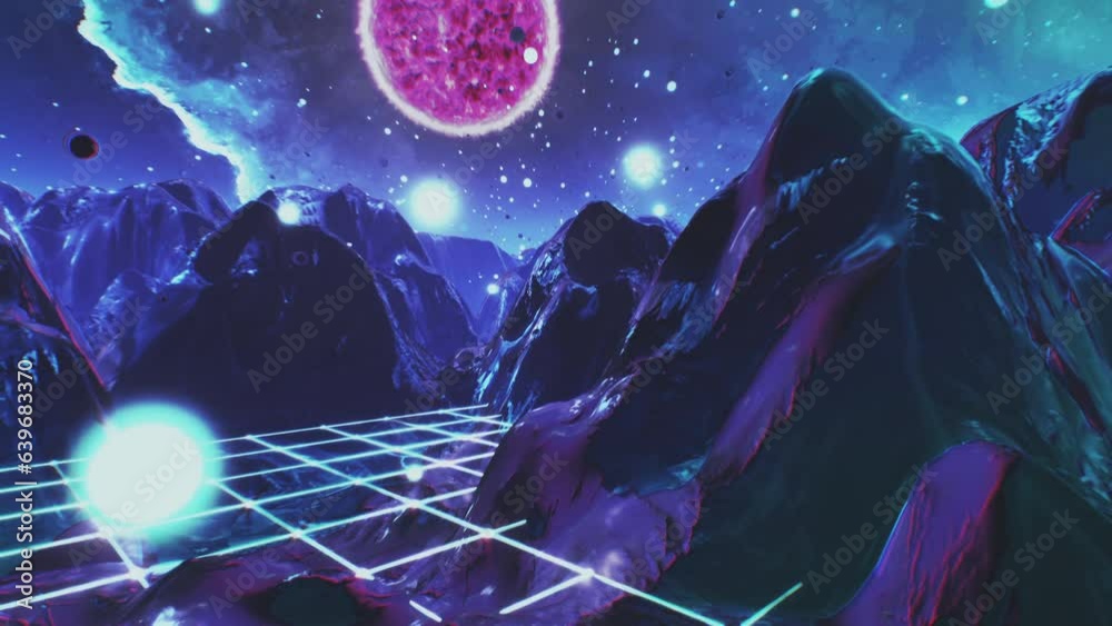 Futuristic flight through trippy dream, landscape seamless loop. High quality VJ