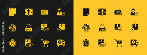 Set Buyer, Cardboard box with free symbol, Return cardboard, Shopping cart, Hanging sign text Open, button, Wish list template and Stacks paper money cash icon. Vector